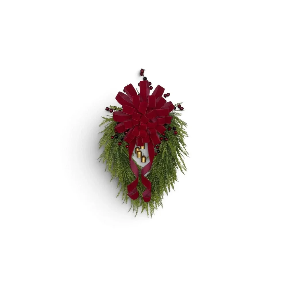 Traditional Christmas Teardrop Swag | Red Velvet Bow, Berries,, Gold Bells